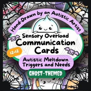 Ghost Sensory Overload communicatiekaarten, niet-sprekende kit voor volwassenen, Halloween ADHD Autisme sleutelhanger afdrukbaar, Autistische burn-out/hulp bij kernsmelting