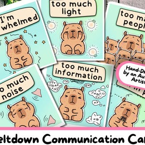 Capibara kernsmelting communicatiekaarten, ASS ADHD neurodivergente kinderen afdrukbaar, autistische volwassene burn-out hulp, logopedische therapie tool