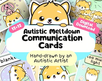 May include: A set of 12 digital download cards featuring cute cartoon illustrations of a dog with different emotions. The cards are designed to help autistic individuals communicate their feelings and needs. The text on the cards includes "Autistic Meltdown Communication Cards" and "Hand-drawn by an Autistic Artist".