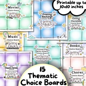 May include: A collection of 15 thematic choice boards with cute cat illustrations. Each board features a different theme, such as movies, music, or chores. The boards are designed to be printable up to 10x10 inches.