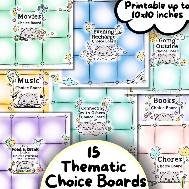 May include: A collection of 15 thematic choice boards with cute cat illustrations. Each board features a different theme, such as movies, music, or chores. The boards are designed to be printable up to 10x10 inches.