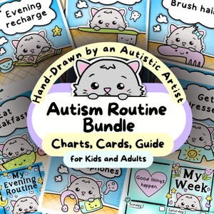 May include: An Autism Routine Bundle with charts, cards, and a guide for kids and adults. The image features a cartoon cat and text that reads "Hand-Drawn by an Autistic Artist". The bundle includes cards for daily and weekly routines.