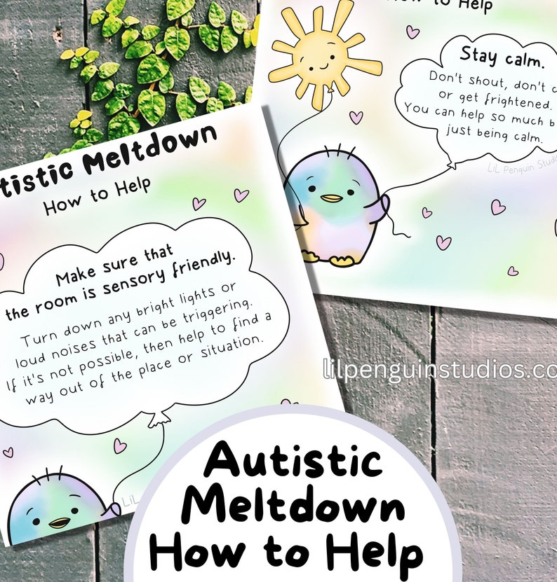 Pode incluir: Um conjunto de cart&otilde;es ilustrados com o texto &laquo;Colapso Autista: Como Ajudar&raquo;. Os cart&otilde;es apresentam um pinguim e um sol de desenho animado, com conselhos sobre como lidar com gatilhos sensoriais. Fundo de madeira com plantas.