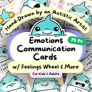 Haai Autisme Stemmingskaarten, afdrukbare communicatiekaarten, Autisme Lanyard-visuals, Gevoelskaarten, ASS Emotieswiel, Therapiewerkblad