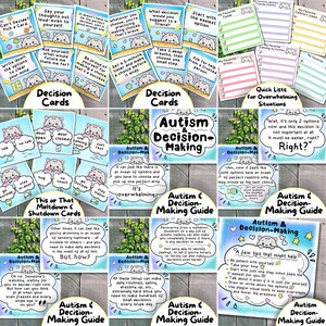 May include: A collection of decision-making cards and guides for autism support. The cards feature prompts like "Can't Decide? Pick a Card" and "Start with the easiest option." The guides offer tips and strategies for managing overwhelming situations.