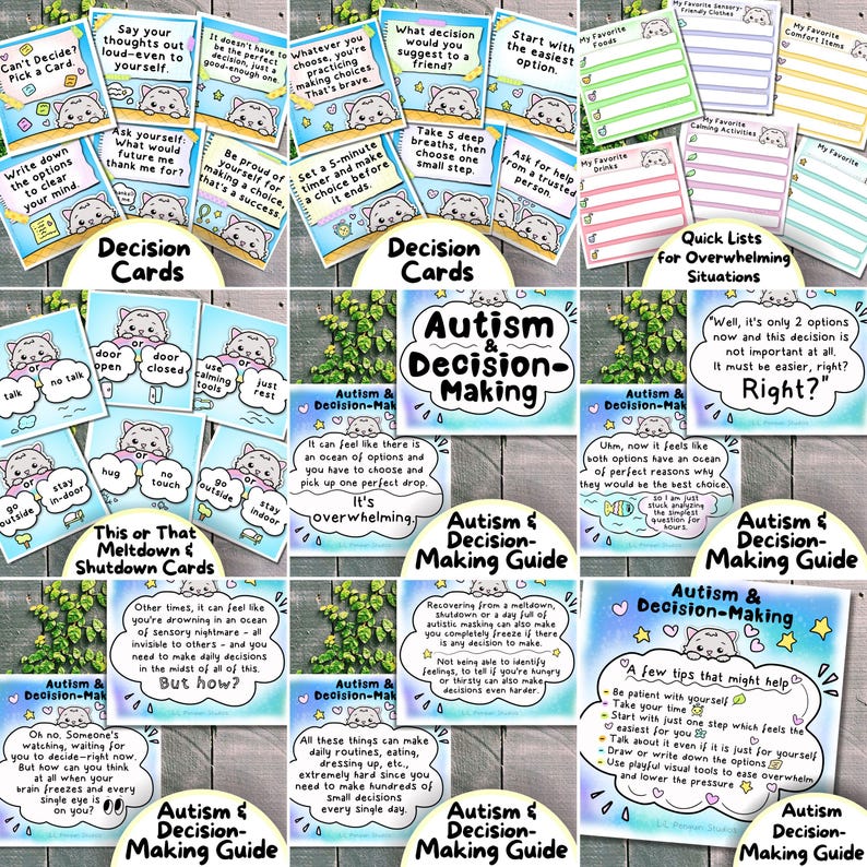 May include: A collection of decision-making cards and guides for autism support. The cards feature prompts like "Can't Decide? Pick a Card" and "Start with the easiest option." The guides offer tips and strategies for managing overwhelming situations.