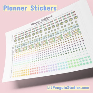 May include: A sheet of planner stickers featuring clocks, weather symbols, and hearts in a rainbow gradient. The stickers are arranged in rows and columns. The text "Planner Stickers" and "Lil Penguin Studios" are printed on the sheet.