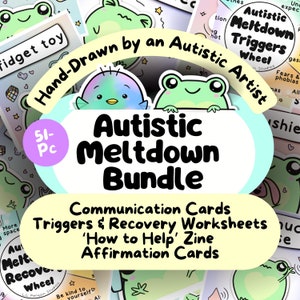 Communicatiekaarten kernsmelting, autistische affirmaties kikker, pinguïn afdrukbaar autisme zine, werkblad ASS-therapie, kit sensorische overbelasting volwassenen