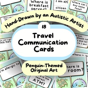 Volwassen communicatiekaarten voor reizen, non-verbale autisme reiskaarten, schattige handgetekende pinguïn-thema communicatiekaart, selectief mutisme