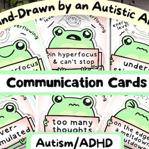 Tarjetas de comunicación para el autismo con temática de ranas, subestimulación, sobreestimulación, TDAH, cierre autista, crisis, hiperenfoque, niveles de energía PDF