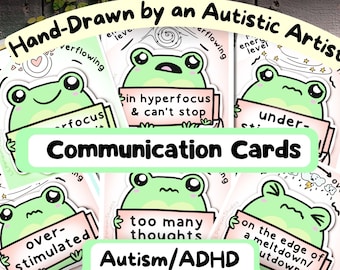 Puede incluir: Conjunto de 8 tarjetas de comunicación ilustradas con una rana verde que sostiene carteles con frases relacionadas con el autismo y el TDAH. Las frases incluyen "over-stimulated", "too many thoughts", "in hyperfocus & can't stop", "under-stimulated", "on the edge of a meltdown", "energy level overflowing", "over-flowing", and "hyperfocus".