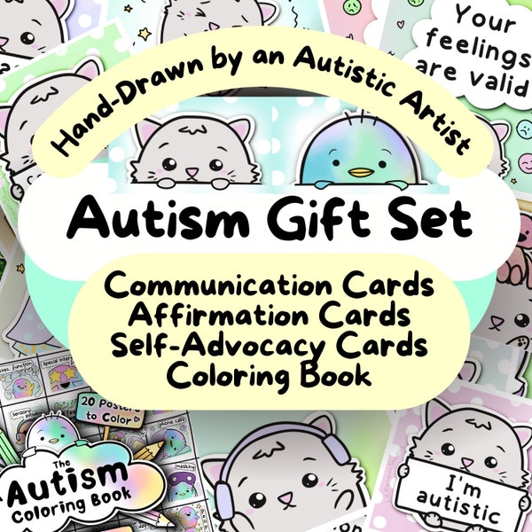 Autism Gift Set, Cat Communication Cards, Kitty Autistic Affirmations, Neurodivergent Self-Advocacy Printable, Penguin Autism Coloring Book