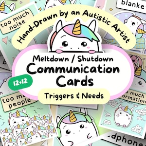 Communicatiekaarten met eenhoornontwerp, autismekit, hulp bij kernsmelting/afsluiting, visuele hulp voor kinderen met speciale behoeften, non-verbale autistische volwassene afdrukbaar