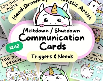 Unicorn-Design Communication Cards, Autism Kit, Meltdown/ Shutdown Help, Special Needs Kids Visual Aid, Non Verbal Autistic Adult Printable
