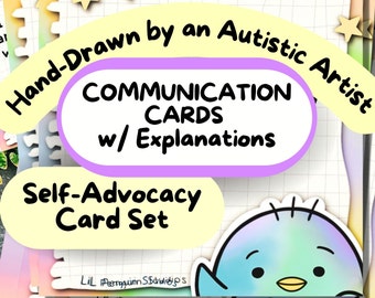 Könnte beinhalten: Ein Satz Kommunikationskarten zur Selbstvertretung, gezeichnet von einem autistischen Künstler. Die Karten sind mit einem niedlichen Cartoon-Vogel illustriert und zeigen den Text "Hand-Drawn by an Autistic Artist", "Communication Cards", "w/ Explanations" und "Self-Advocacy Card Set".