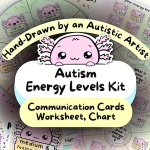 Può includere: Un kit "Autism Energy Levels" con un'illustrazione di axolotl rosa. Il kit include schede di comunicazione, un foglio di lavoro e un grafico. È presente anche il testo "Hand-Drawn by an Autistic Artist". Il design è in stile cartone animato.