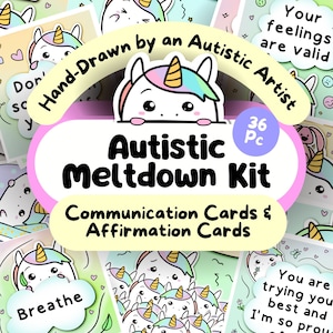 Eenhoorn Autistic Meltdown Affirmatie- en communicatiekaarten, Autisme Angst Relief Kit, Neurodivergente download, SPED afdrukbaar, ASD-tool