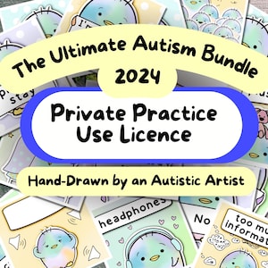 May include: A yellow and blue illustration of a bird with the text "The Ultimate Autism Bundle 2024 Private Practice Use Licence Hand-Drawn by an Autistic Artist" on a yellow background.