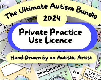 May include: A yellow and blue illustration of a bird with the text "The Ultimate Autism Bundle 2024 Private Practice Use Licence Hand-Drawn by an Autistic Artist" on a yellow background.