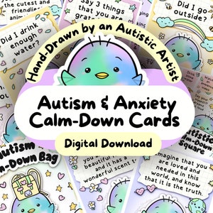Neurodivergente kalmerende kaarten, autistische kalmerende tas, ADHD-download, therapieprints, hulp bij kernsmelting autisme, burn-outpreventie, aardingskit