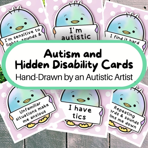 Autism & Hidden Disability Cards, PRINTABLE Medical Alert Tag/ Sign, Autism Lanyard ID Patch/ Badge, Cute Penguin-Themed Non Verbal Cards