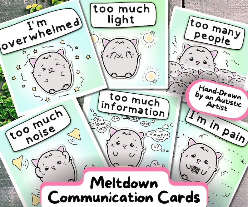 Cat-Design Autism Communication Cards for Meltdowns/ Shutdowns, Sensory Overload Neurodivergent Tool, Children/ Adult NonVerbal Printable