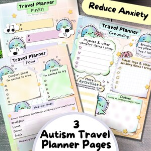May include: Three printable pages for an autism travel planner. The pages are decorated with cute cartoon birds and stars. The pages include sections for planning food, activities, grounding, and sensory items to bring on a trip.