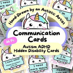 Eenhoorn autisme verborgen handicapkaarten voor zonnebloem Lanyard, ADHD angst selectieve mutisme communicatiekaarten, autistische sleutelhanger downloaden