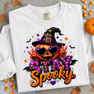 Stay Spooky PNG, Cool Pumpkin Peace Sign Shirt Design, Retro Halloween Witch Hat Sublimation, Purple Heart Sunglasses Pumpkin PNG