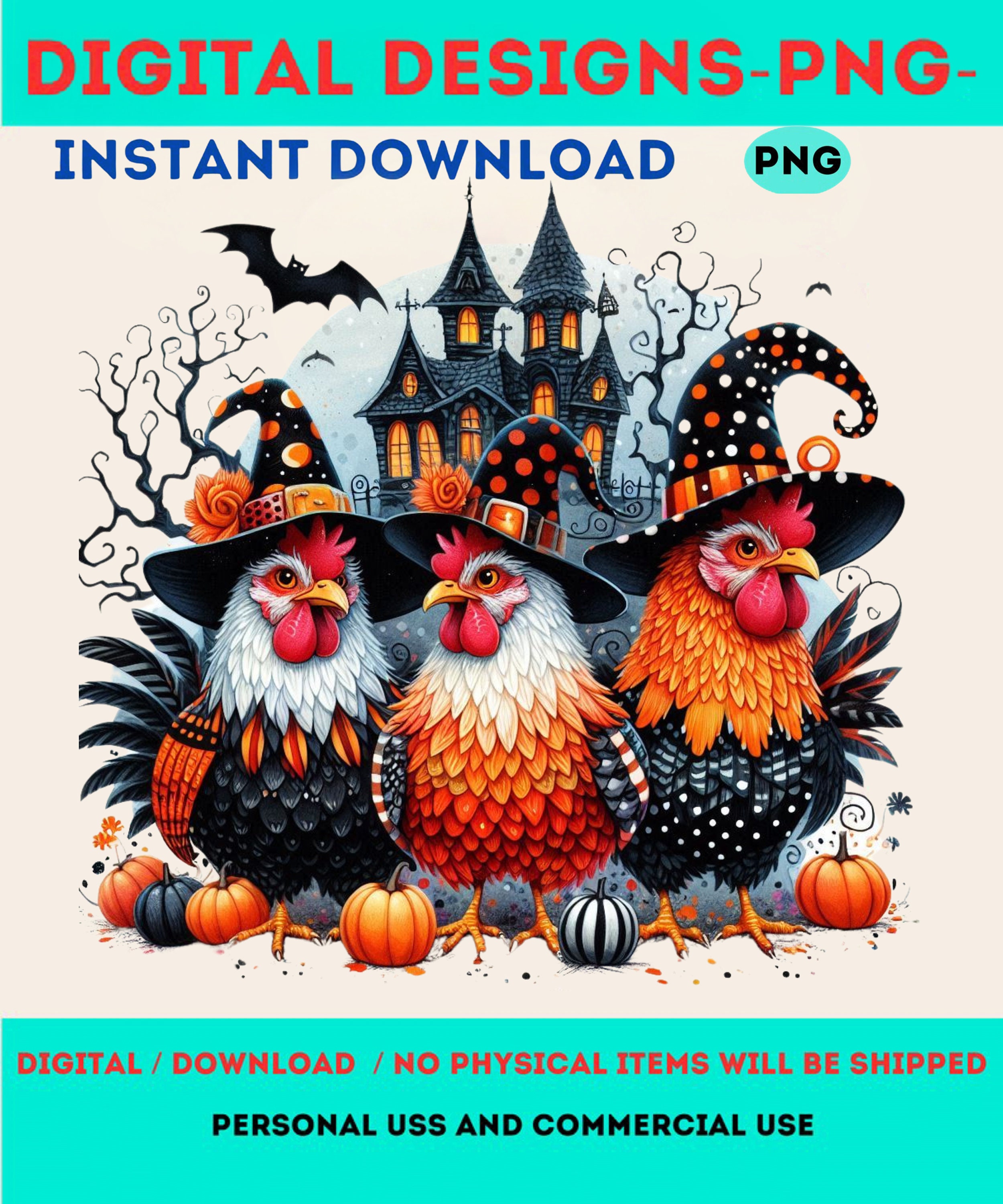 Spooky Chickens Halloween PNG | Fall Pumpkin & Witch Sublimation Designs | Autumn Chicken Clipart for Crafters