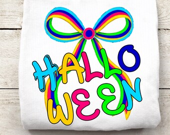 Neon Halloween Coquette Bow PNG: Retro Shirt Design (Digital Download