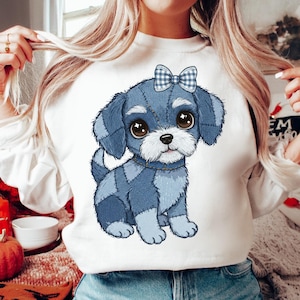 Filhote de cachorro de patchwork jeans PNG: clipart de cachorro jeans azul com laço xadrez (download digital)