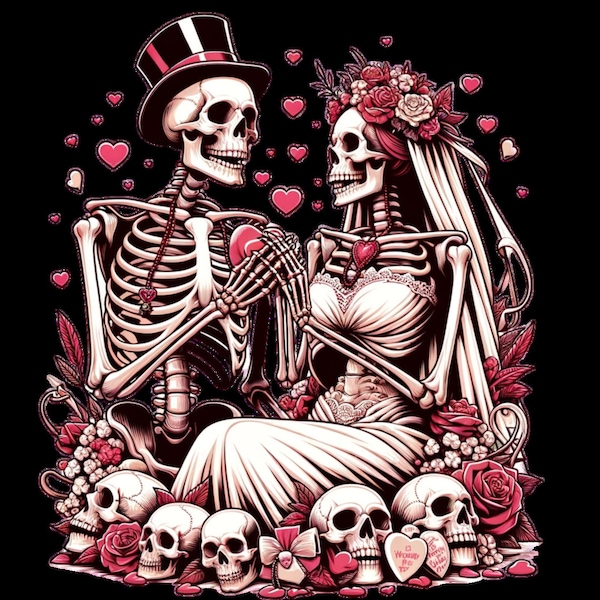 Love Eternal Skeleton Couple - Romantic Horror Valentine's Day Digital Art,Spooky PNG SVG File for Gothic Romance Lovers,Valentine Gift Idea