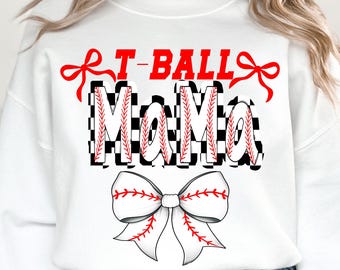 T-Ball Mama PNG: Checkered Baseball Bow Sublimation Design (Digital Download)
