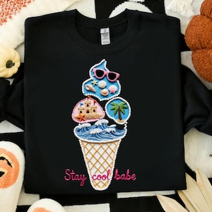 Stay Cool Babe PNG、3D刺繍ビーチアイスクリーム、シェニールパッチサマー昇華、沿岸のおばあちゃんのバケーションアート、フェイクパッチワーク