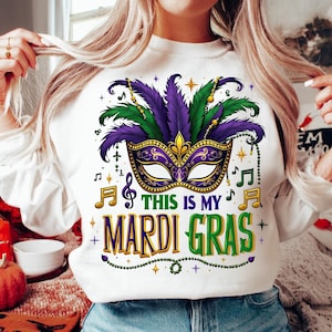 マルディグラ ルイジアナ PNG、お祭りニューオーリンズ カーニバル PNG、ルイジアナ州パーティー デザイン、シャツ用グリッター マスク ビーズ PNG、即時ダウンロード