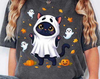 Cute Ghost Cat PNG, Kawaii Halloween Shirt Design, Autumn Cat Digital Download, Spooky Cute Pet Sublimation, Fall Leaves Pumpkin Graphic png