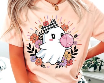 Cute Ghost PNG, Bubble Gum Ghost Digital Download, Kawaii Halloween Design, Checkered Bow Sublimation, Floral Spooky PNG, Girls Kids Autumn