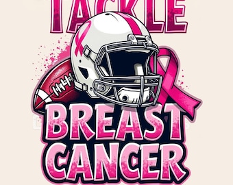 Puede incluir: Una cinta rosa y un casco de fútbol con las palabras "Tackle Breast Cancer" en letras rosas con un efecto de salpicadura rosa.