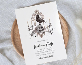 Skull Halloween Party Invitation: Vintage Raven, Candles (Editable Digital Download)