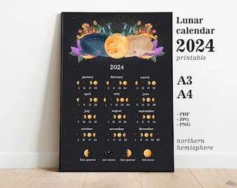 Instant Available 2024 Digital Download Printable Astrology Lunar Calendar, Moon calendar Art