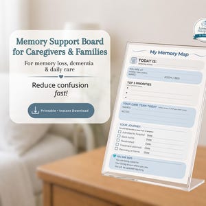 May include: A clear acrylic memory support board with a printed "My Memory Map" sheet. The sheet has sections for daily information, priorities, and care team details. The board is designed to help caregivers and families with memory loss and dementia.