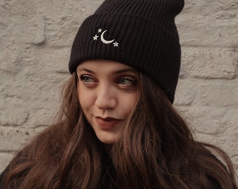 Embroidered Beanie With Moons and Stars // Black, Warm Beanie