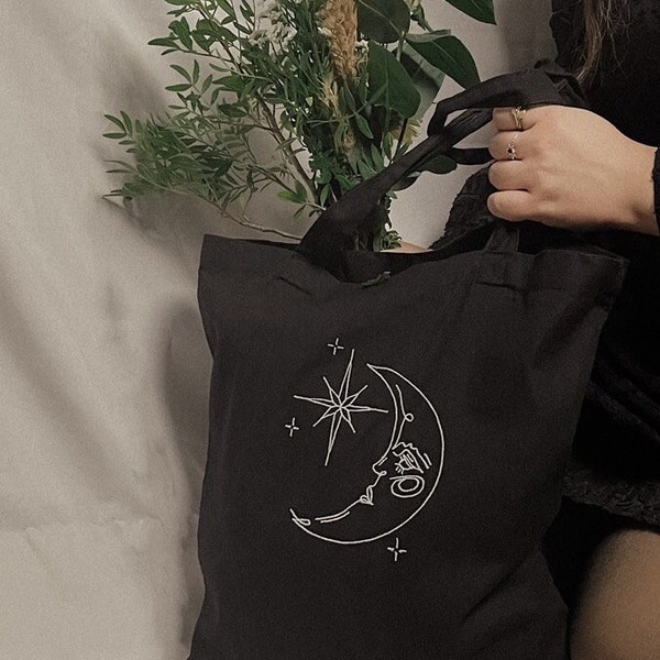 Embroidered Moon and Stars Tote Bag // Black and White Tote in Celestial Design