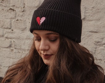 Embroidered Beanie With Broken Heart Design // Black, Warm Beanie