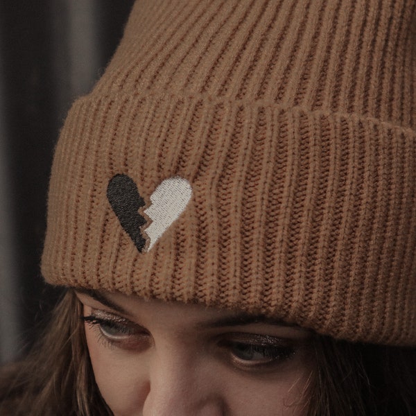 Embroidered Beanie With Broken Heart Design // Beige, Warm Beanie