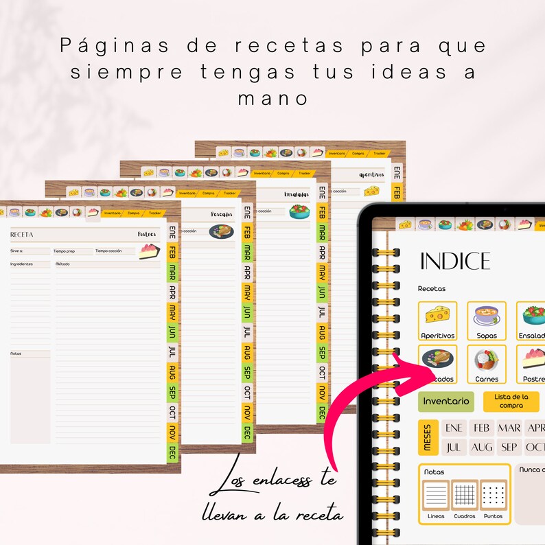 May include: A digital planner with a colourful index page for recipes. The index includes categories such as appetizers, soups, salads, main courses, desserts, and a grocery list. The planner has a spiral binding and a wooden cover.
