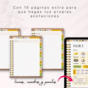 May include: A digital planner with a colourful index page and a section for notes. The planner includes sections for recipes, appetisers, soups, fish, meats, and inventory. The notes section has options for lines, grids, and dots.