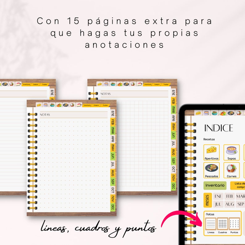 May include: A digital planner with a colourful index page and a section for notes. The planner includes sections for recipes, appetisers, soups, fish, meats, and inventory. The notes section has options for lines, grids, and dots.