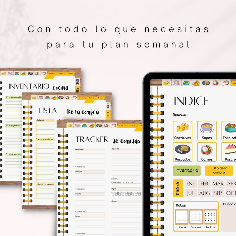 May include: A digital planner with a yellow and brown cover. The planner is open to a page with the title "Indice" and sections for recipes, starters, soups, salads, fish, meat, desserts, inventory, and a shopping list. The planner also includes a section for notes with lines, squares, and dots.